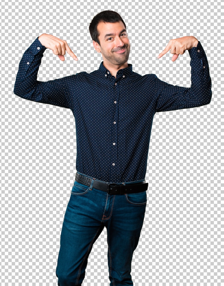 PSD homem bonito, apontando para baixo