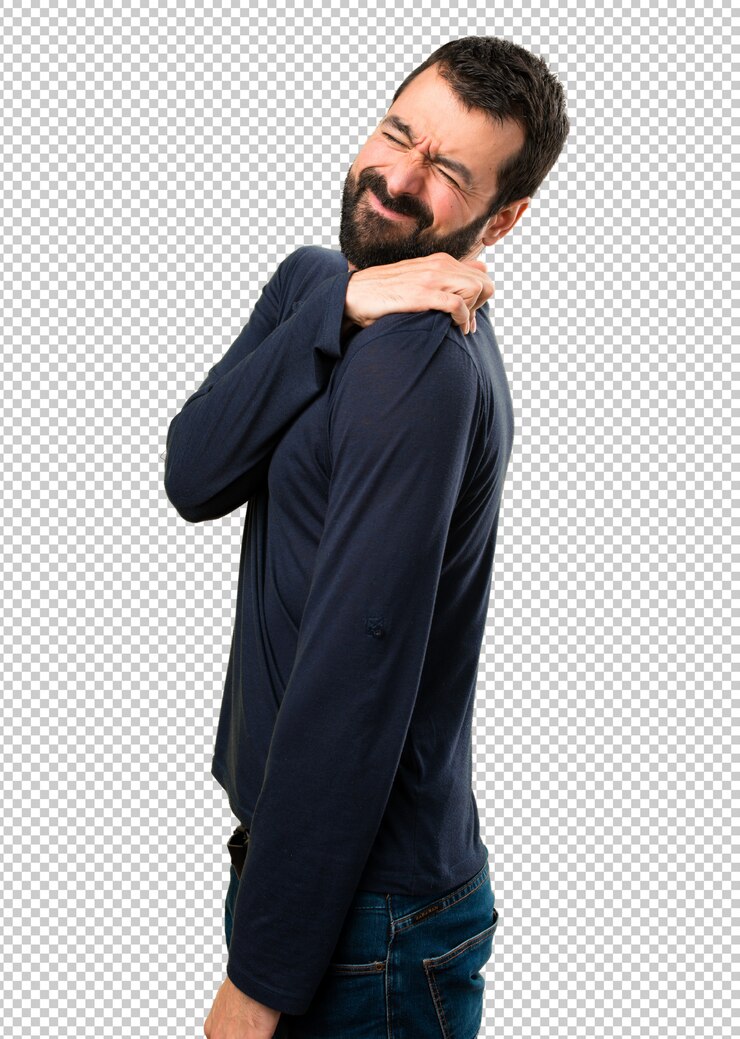 PSD homem bonito com barba com dor no ombro