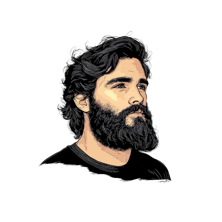 PSD homem bonito com barba e cabelo longo olhando para o lado