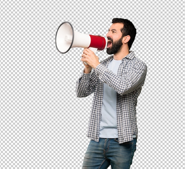 PSD homem bonito com barba gritando através de um megafone