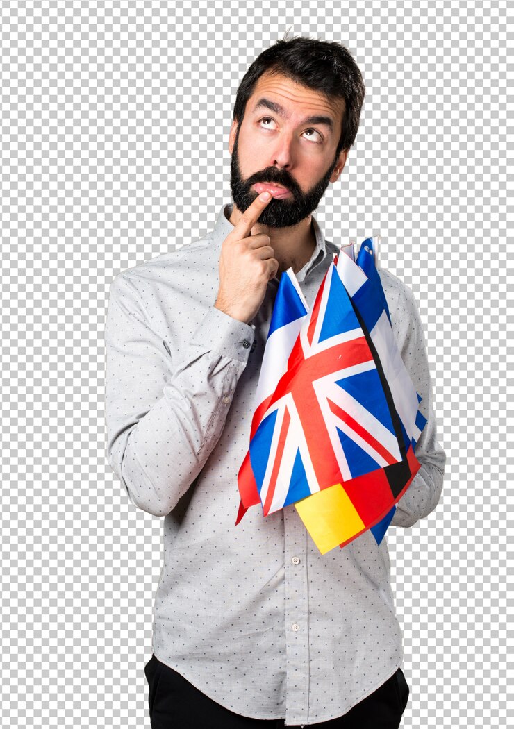 PSD homem bonito com barba segurando muitas bandeiras e pensando