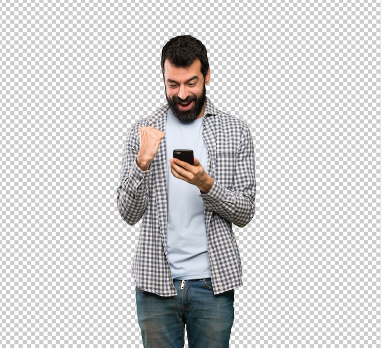 PSD homem bonito com barba surpreso e enviando uma mensagem