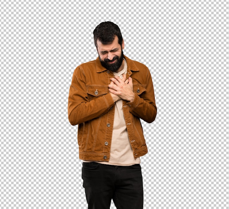 PSD homem bonito com barba, tendo uma dor no coração