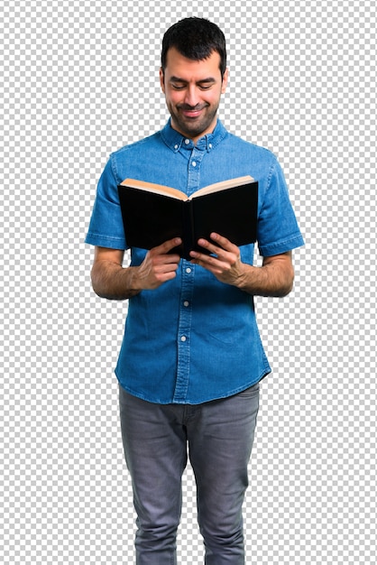 Homem bonito com camisa azul, lendo um livro