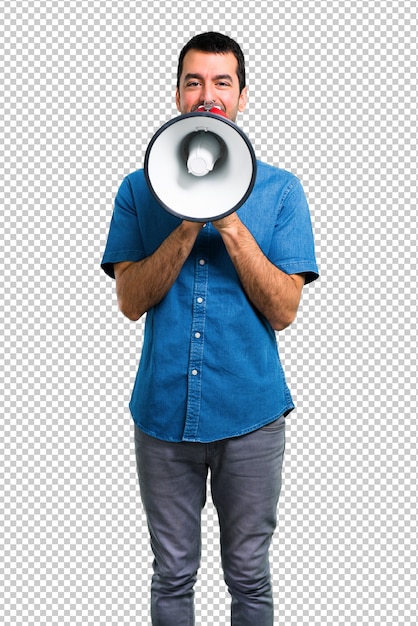 PSD homem bonito com camisa azul segurando um megafone