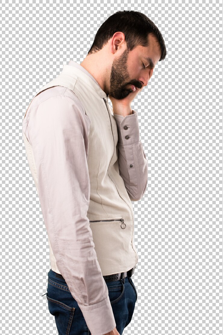 PSD homem bonito com colete fazendo gesto de sono