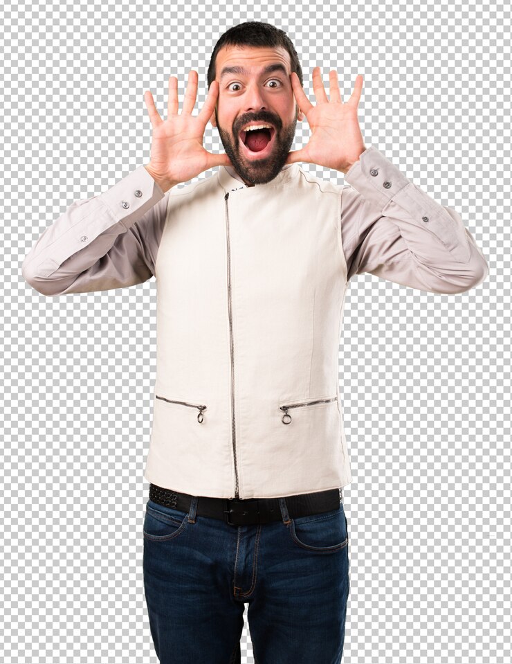 PSD homem bonito com colete fazendo gesto de surpresa