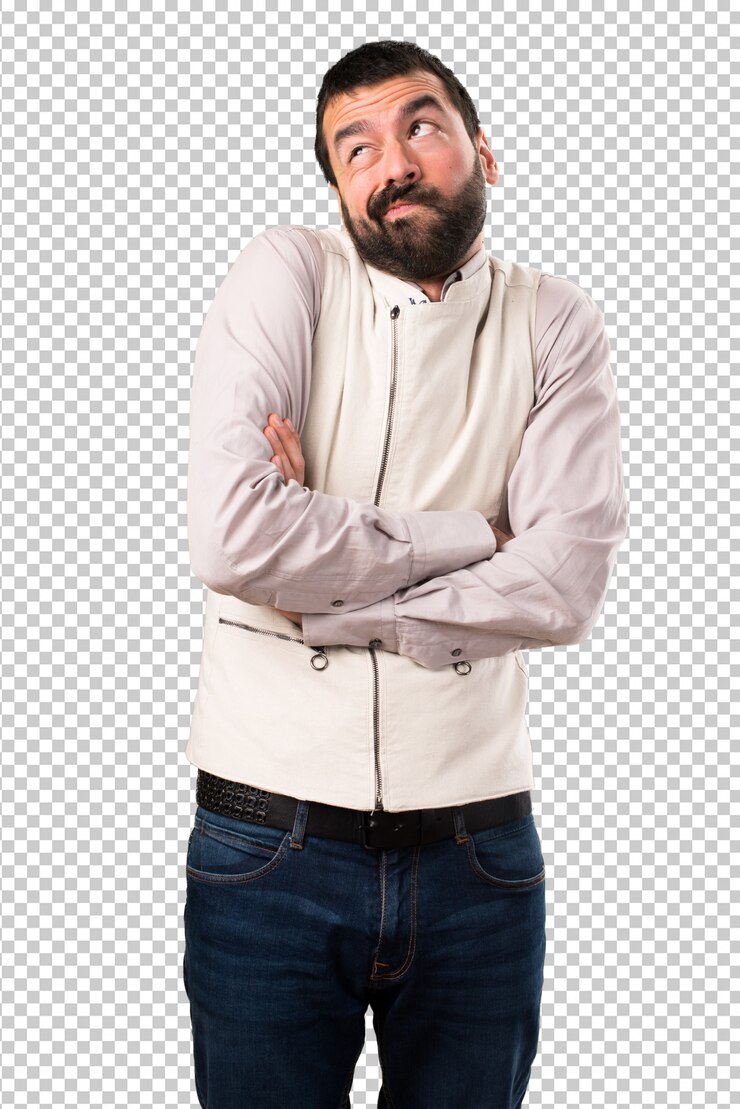 PSD homem bonito com colete fazendo gesto sem importância