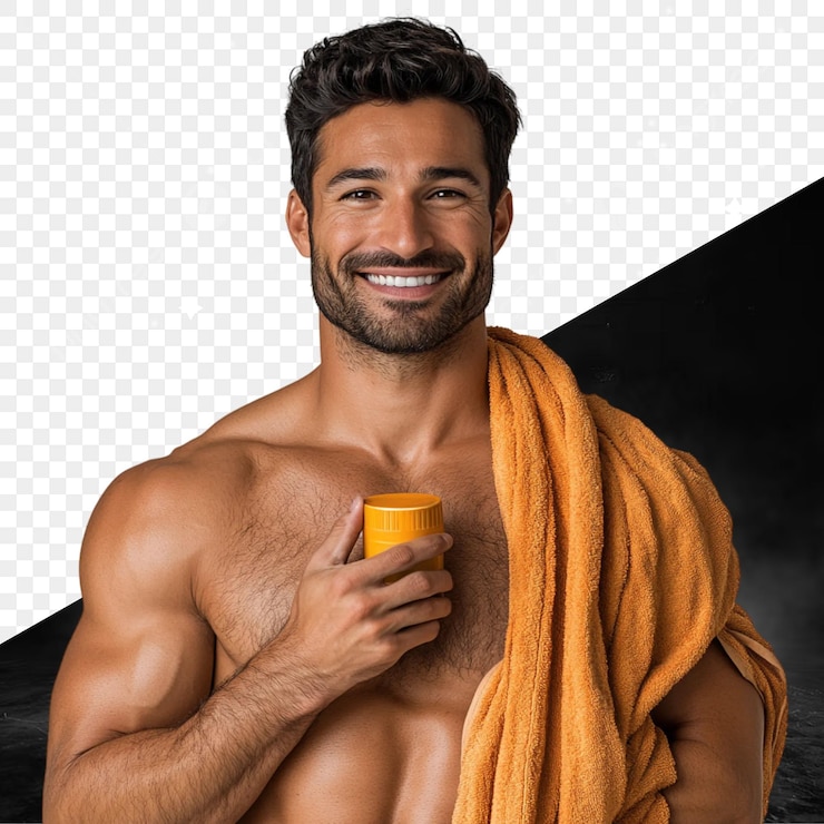 PSD homem bonito com toalha e produto