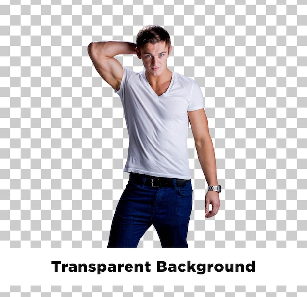 Homem bonito de camisa branca posando com confiança