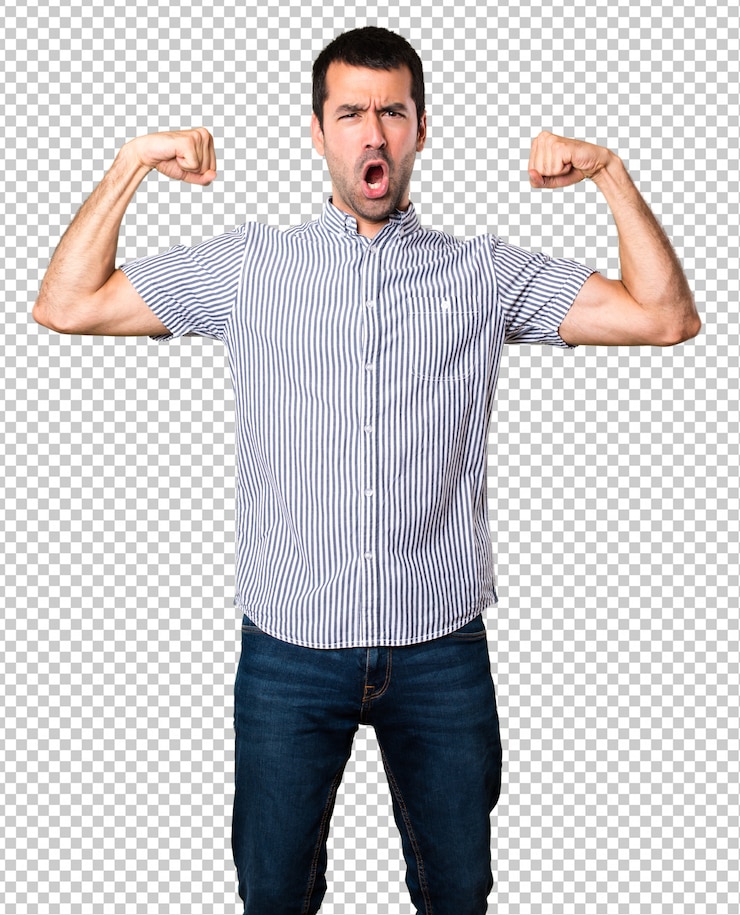 PSD homem bonito, fazendo gesto forte