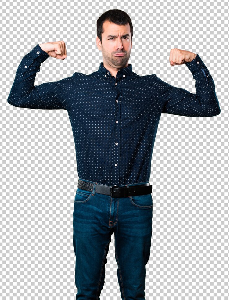 PSD homem bonito, fazendo gesto forte