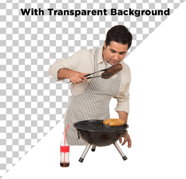 Homem bonito grelhando Suasages ou fazendo churrasco em Grill Pan PNG PSD Isolado Fundo Transparente