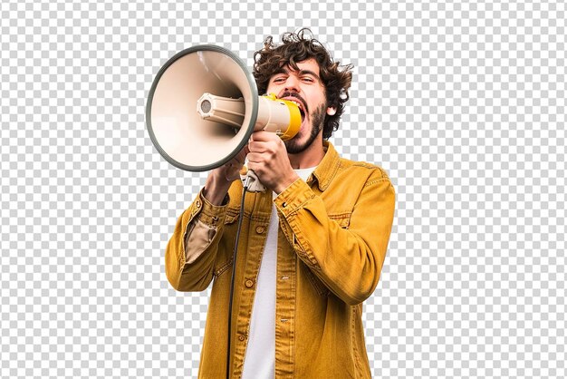 PSD homem bonito gritando por megafone em fundo branco isolado