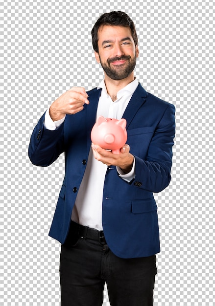 PSD homem bonito, segurando um piggybank