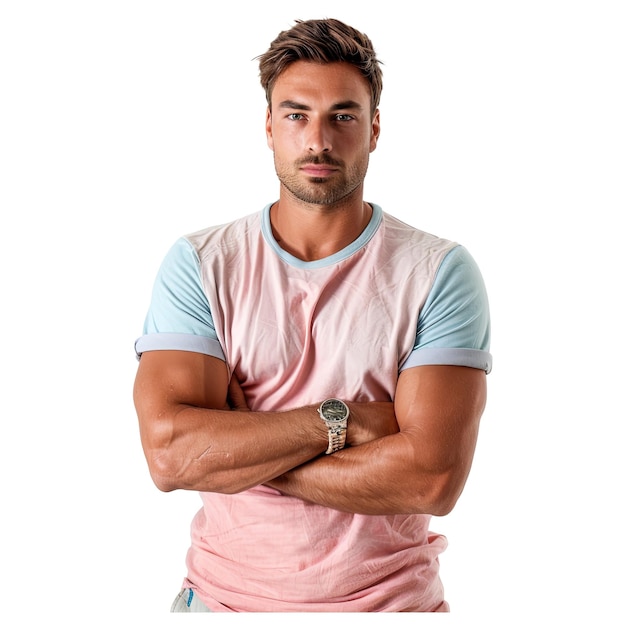 Homem bonito vestindo calções e uma camiseta com as mãos dobradas posando