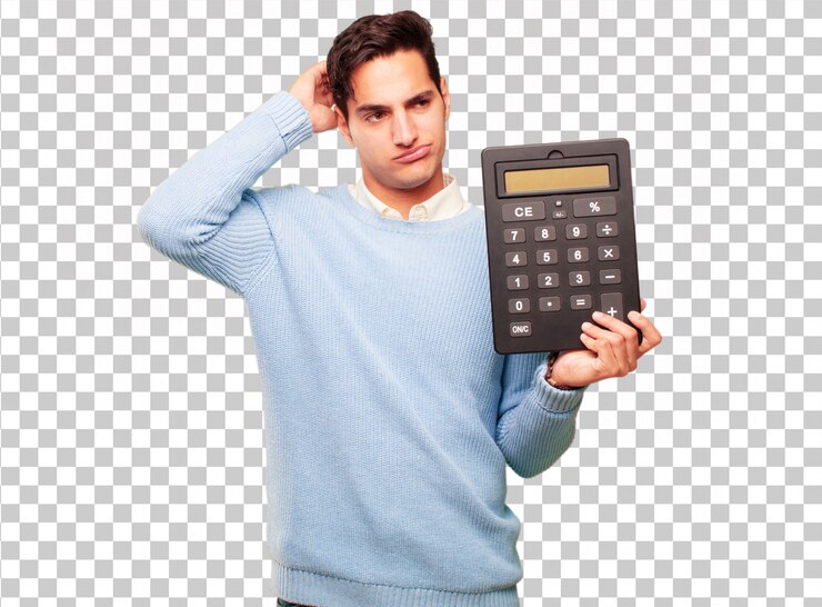 PSD homem bronzeado bonito jovem com uma calculadora