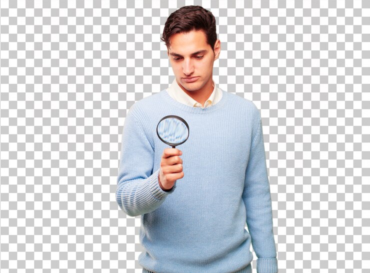 PSD homem bronzeado bonito jovem com uma lupa