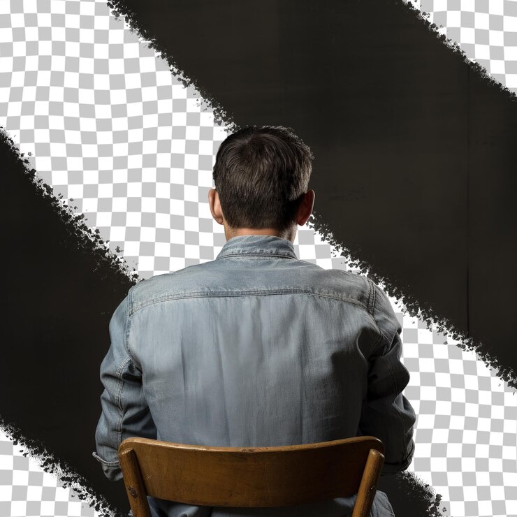 PSD homem casual de camisa de jeans sentado em uma cadeira de madeira em frente a um fundo transparente em estúdio visto de trás