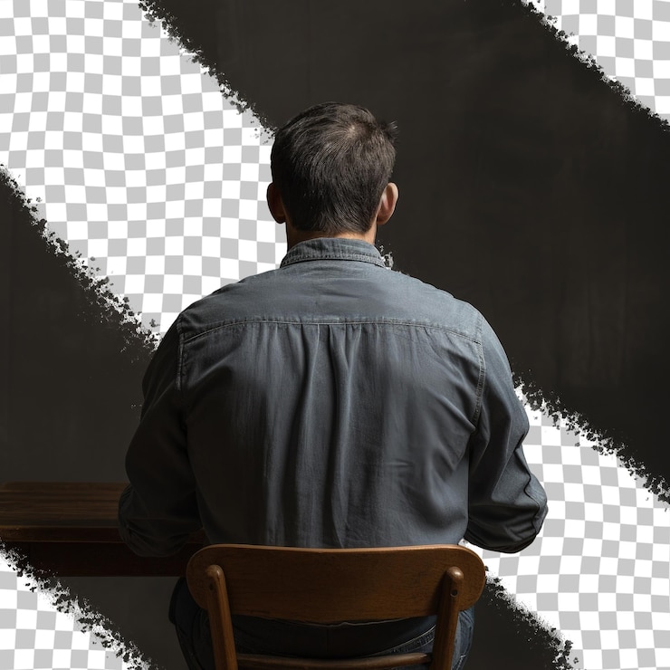 PSD homem casual de camisa de jeans sentado em uma cadeira de madeira em frente a um fundo transparente em estúdio visto de trás