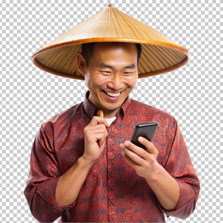 PSD homem chinês com chapéu tradicional usando telefone