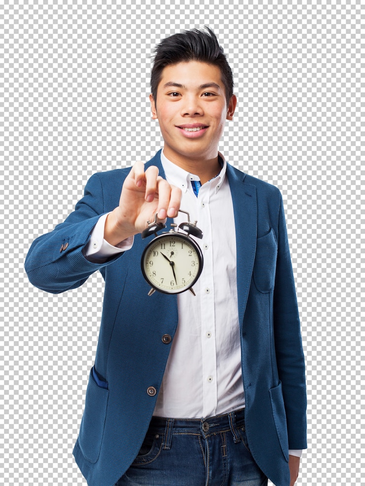 PSD homem chinês, segurando despertador