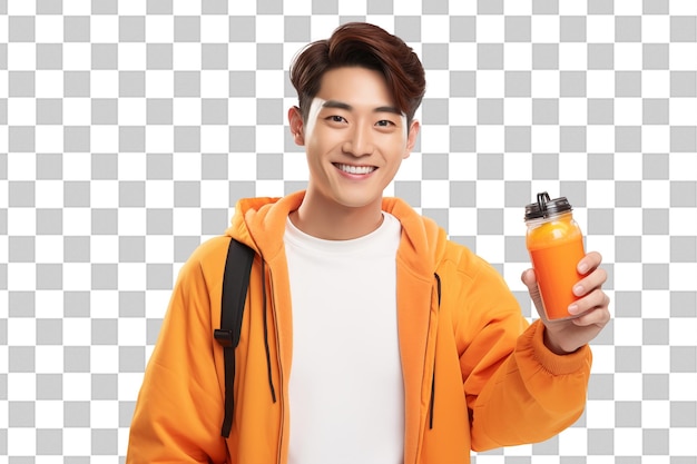Homem chinês segurando um suco de laranja em fundo de chave de croma isolado