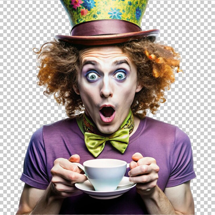 PSD homem chocado tem imagem de chapeleiro louco passa o tempo livre em festa de chá olha surpreso usa maquiagem profissional