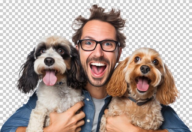 PSD homem com 2 cães de estimação isolados em fundo transparente