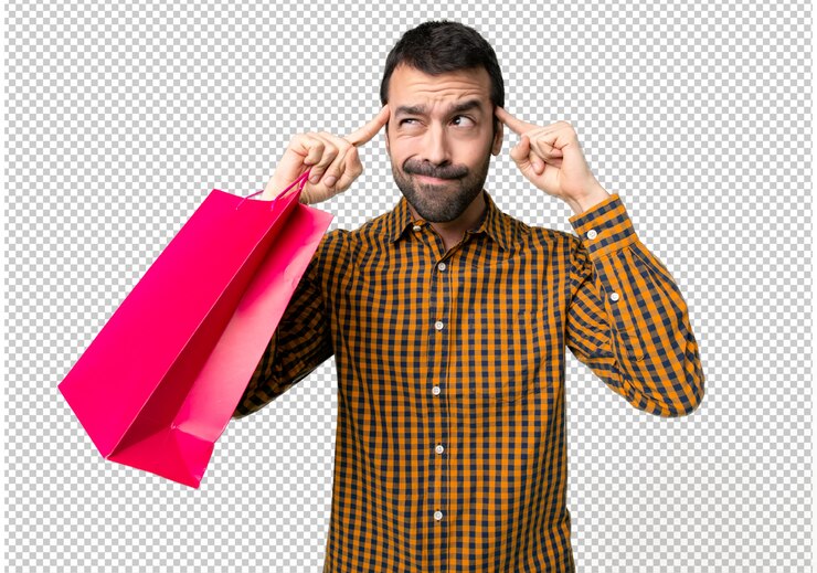 PSD homem, com, bolsas para compras, tendo, dúvidas, e, pensando