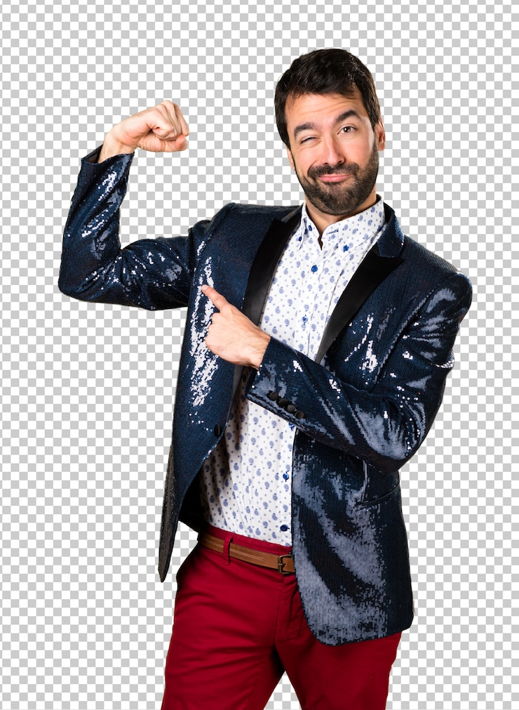 PSD homem, com, casaco, fazendo, forte, gesto