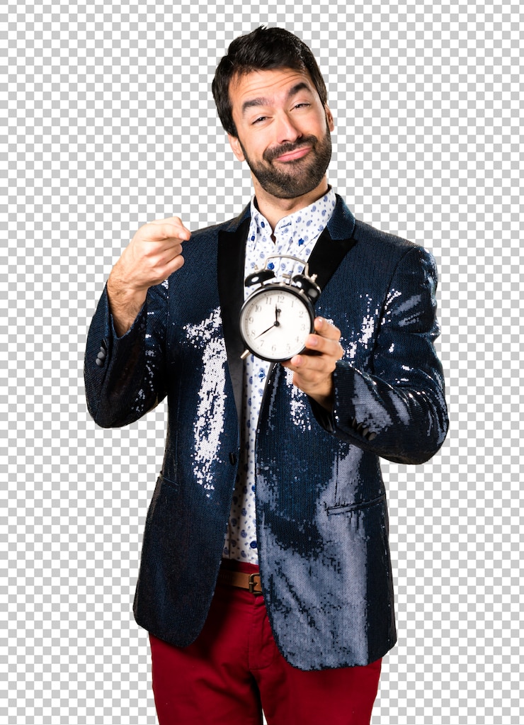 PSD homem, com, casaco, segurando, relógio vintage