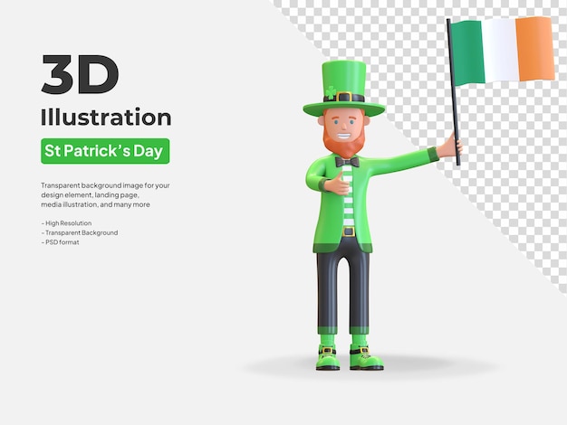 Homem com duende de barba segurando o personagem da bandeira da irlanda símbolo do dia de são patrício 3d render ilustração