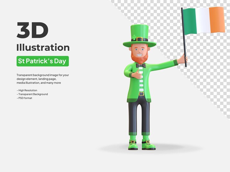 PSD homem com duende de barba segurando o personagem da bandeira da irlanda símbolo do dia de são patrício 3d render ilustração