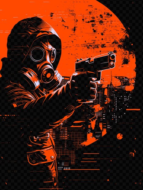 PSD homem com máscara de gás segurando uma arma paisagem urbana distópica no b psd design art concept poster banner