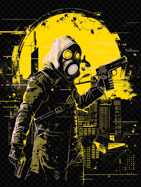 PSD homem com máscara de gás segurando uma arma paisagem urbana distópica no b psd design art concept poster banner