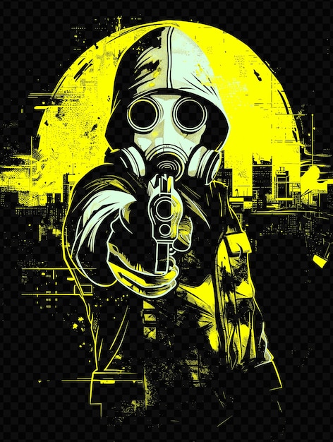 PSD homem com máscara de gás segurando uma arma paisagem urbana distópica no b psd design art concept poster banner