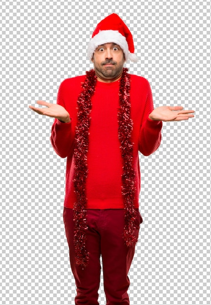 PSD homem com roupas vermelhas, celebrando as férias de natal com dúvidas ao levantar as mãos