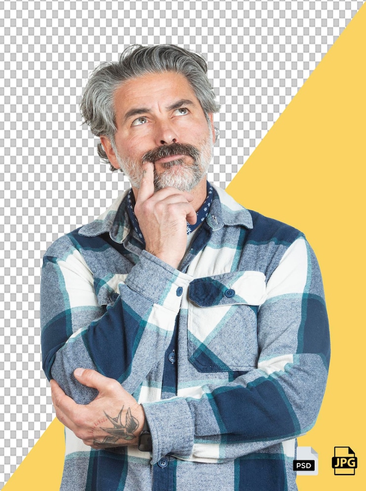 PSD homem com uma dúvida ou pergunta sobre um fundo branco ou transparente