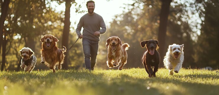 PSD homem correndo com cães no parque