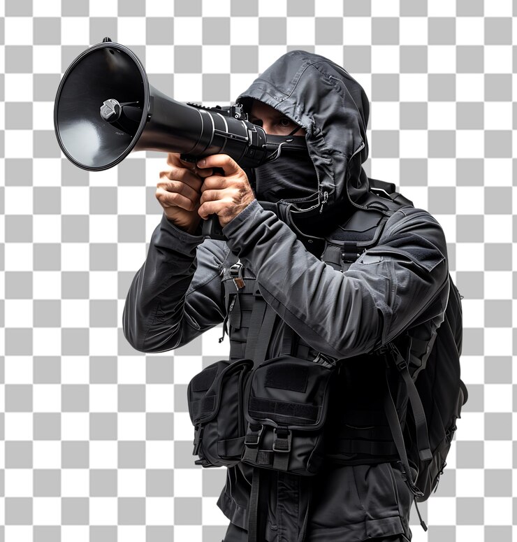 PSD homem da swat gritando através de um megafone em um fundo transparente