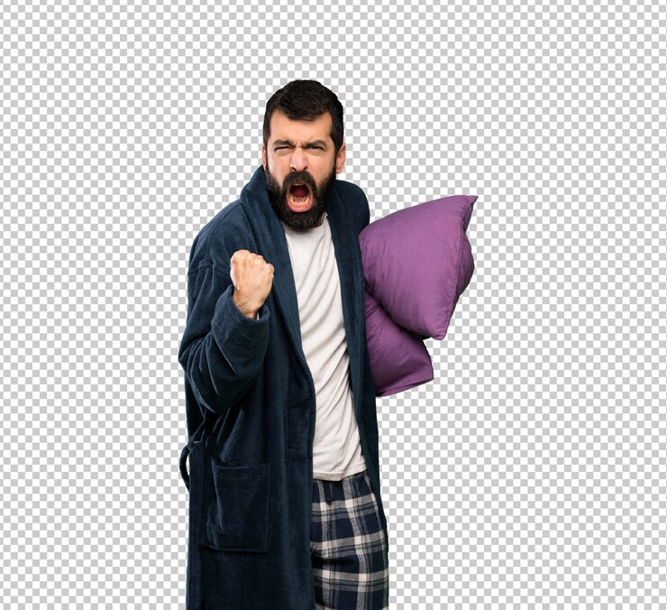 PSD homem de barba de pijama frustrado por uma situação ruim
