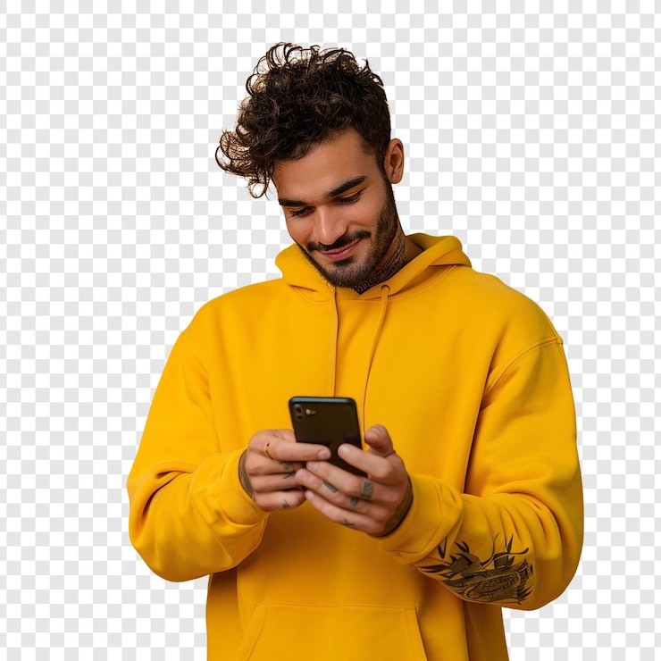 PSD homem de capuz amarelo sorrindo enquanto olha para seu telefone