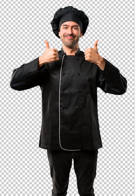 PSD homem de chef de uniforme preto, dando um polegar para cima gesto e sorrindo porque teve sucesso