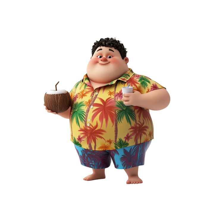 PSD homem de desenho animado gordo feliz desfrutando de férias tropicais com coco e bebida
