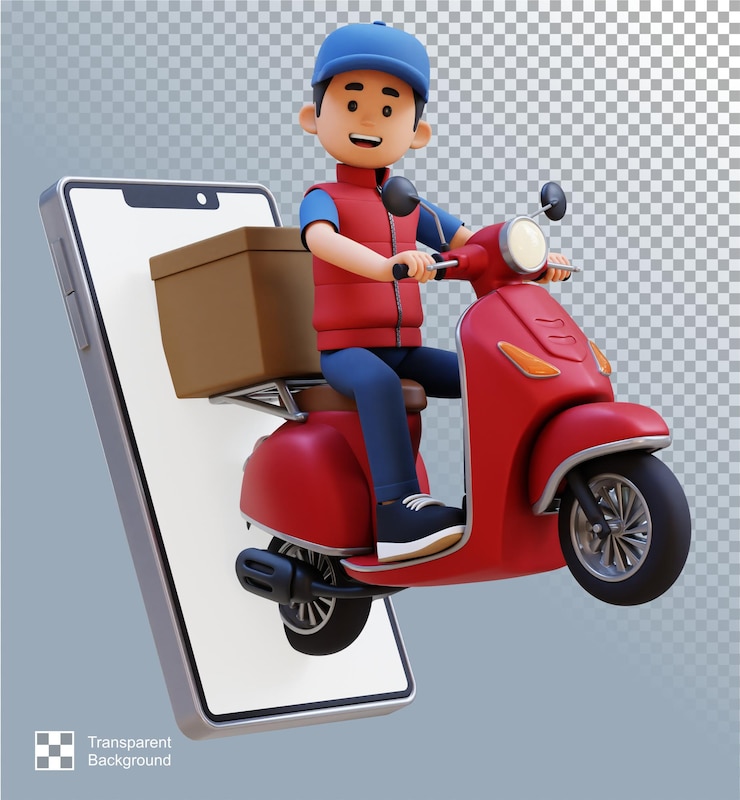 PSD homem de entrega 3d personagem entregando pacote com uma scooter