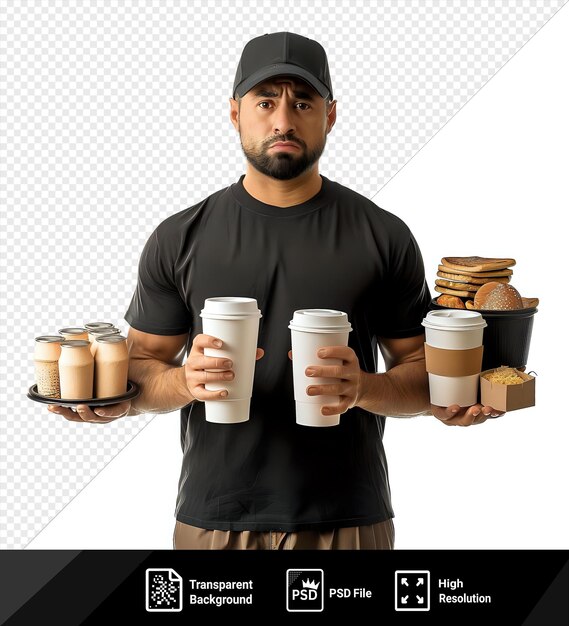PSD homem de entrega em uniforme zangado e frustrado segurando café e comida isolado contra a parede branca