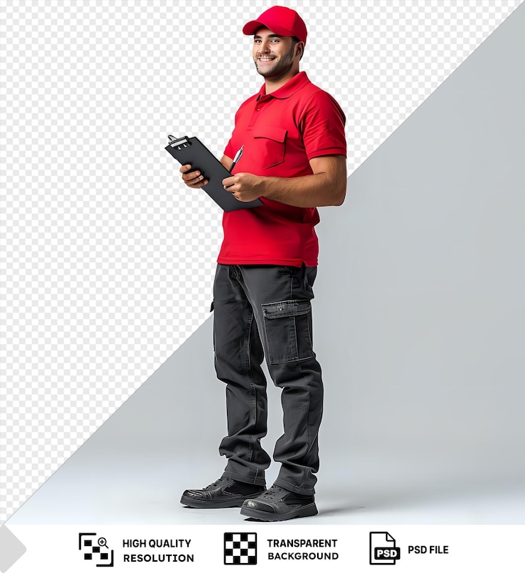 PSD homem de entrega incrível empregado capuz vermelho camiseta em branco uniforme segurando clipboard com caneta olhando para o lado esperando assinatura sorrindo confiante de pé em camisa vermelha e calças pretas e cinzentas