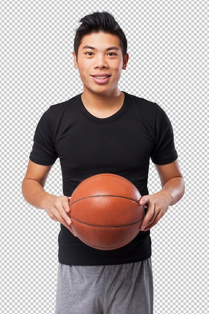 Homem de esporte chinês feliz com bola de basquete