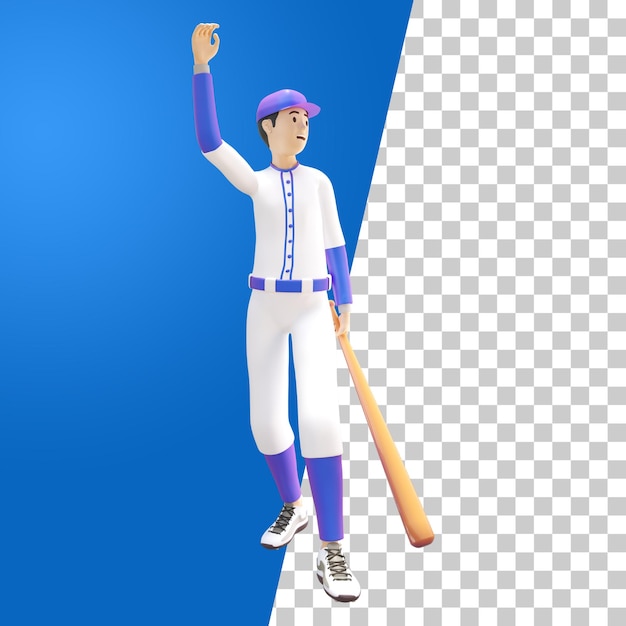 homem de esporte de beisebol em pose de passeio com ilustração 3d de taco de beisebol